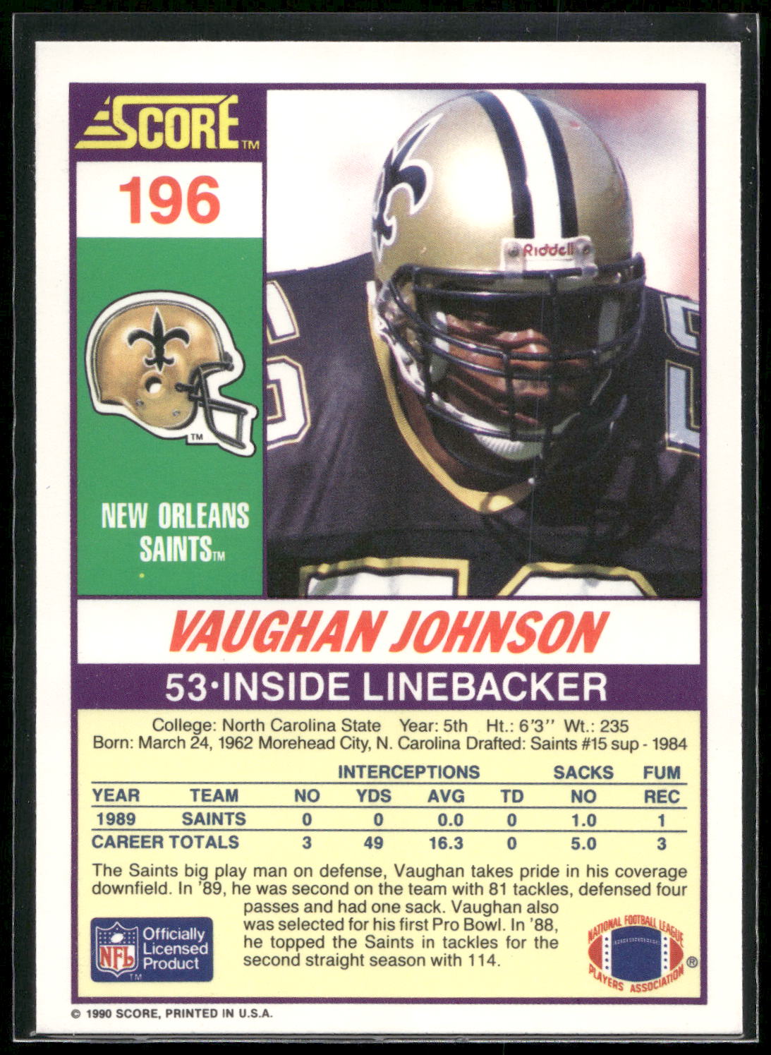 1990 Score #196 Vaughan Johnson