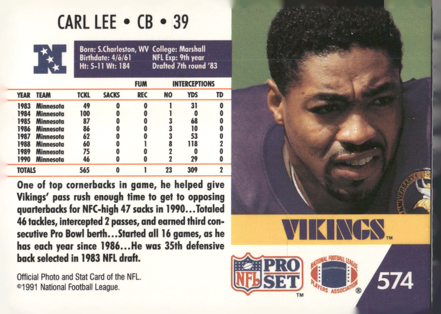 1991 Pro Set #574 Carl Lee