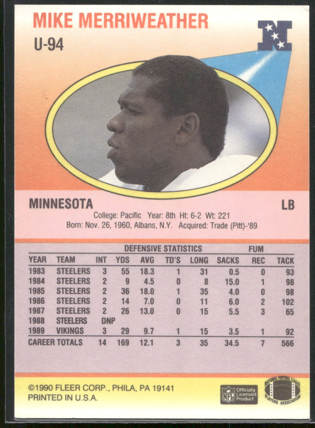1990 Fleer Update #U-94 Mike Merriweather