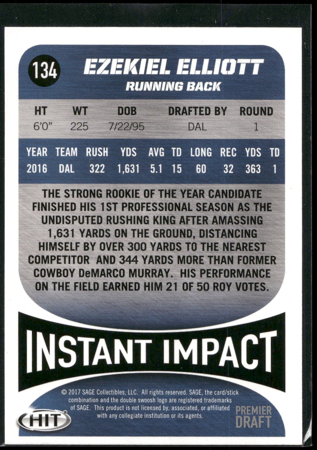 2017 SAGE HIT #134 Ezekiel Elliott Blue