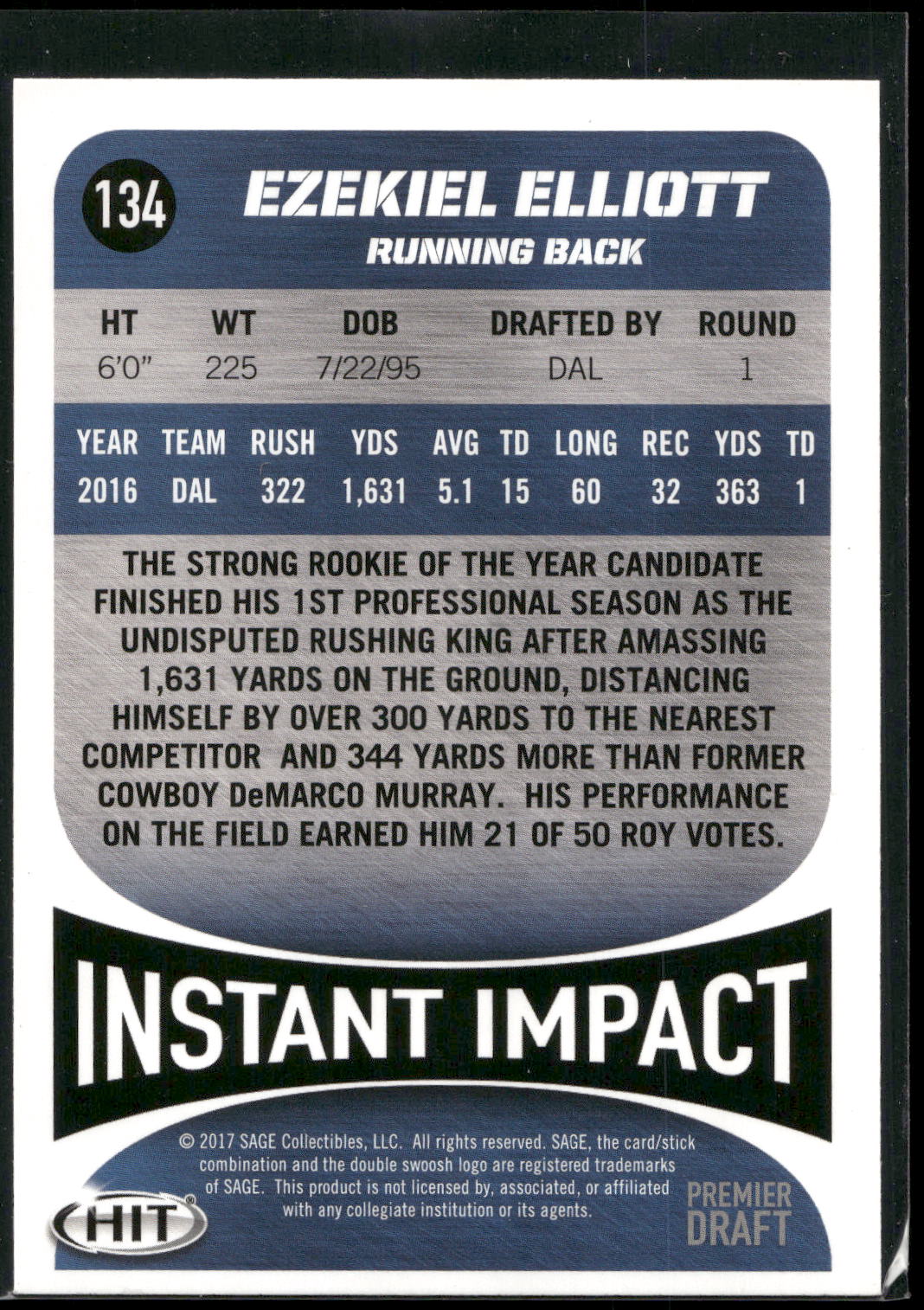 2017 SAGE HIT #134 Ezekiel Elliott Blue
