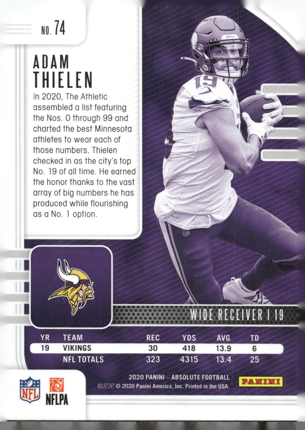 2020 Panini Absolute #74 Adam Thielen