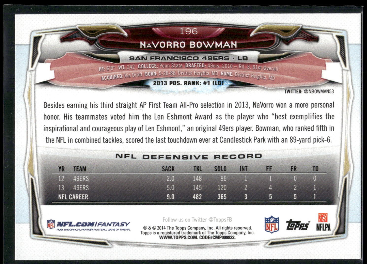 2014 Topps #196 NaVorro Bowman