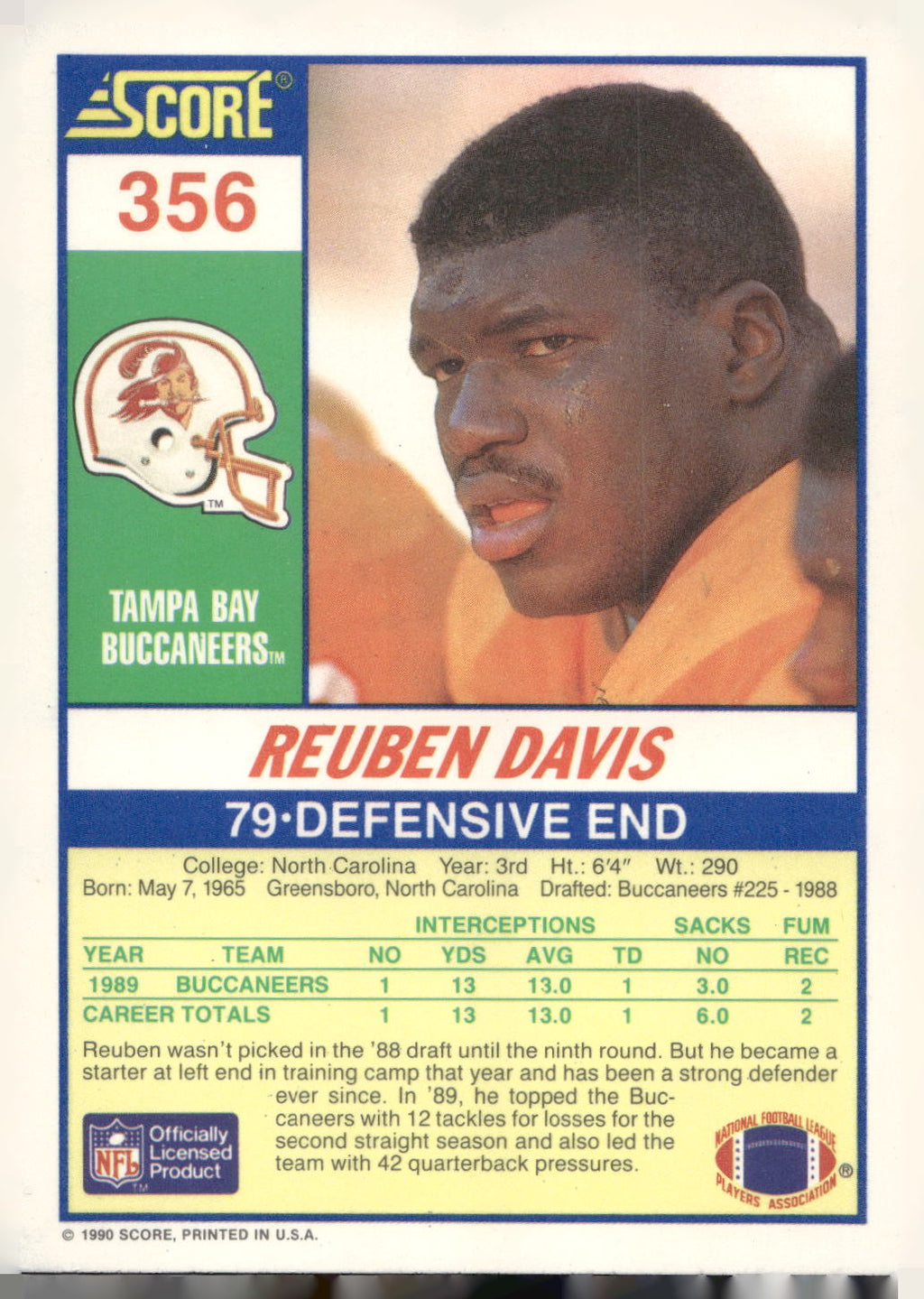 1990 Score #356 Reuben Davis