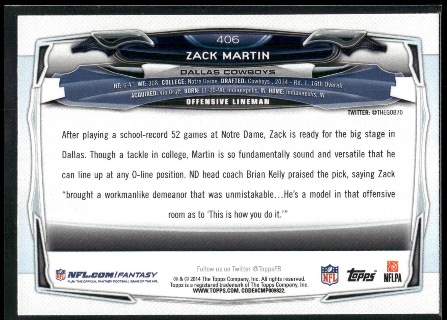 2014 Topps #406 Zack Martin