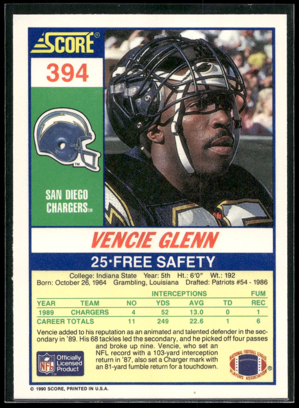 1990 Score #394 Vencie Glenn