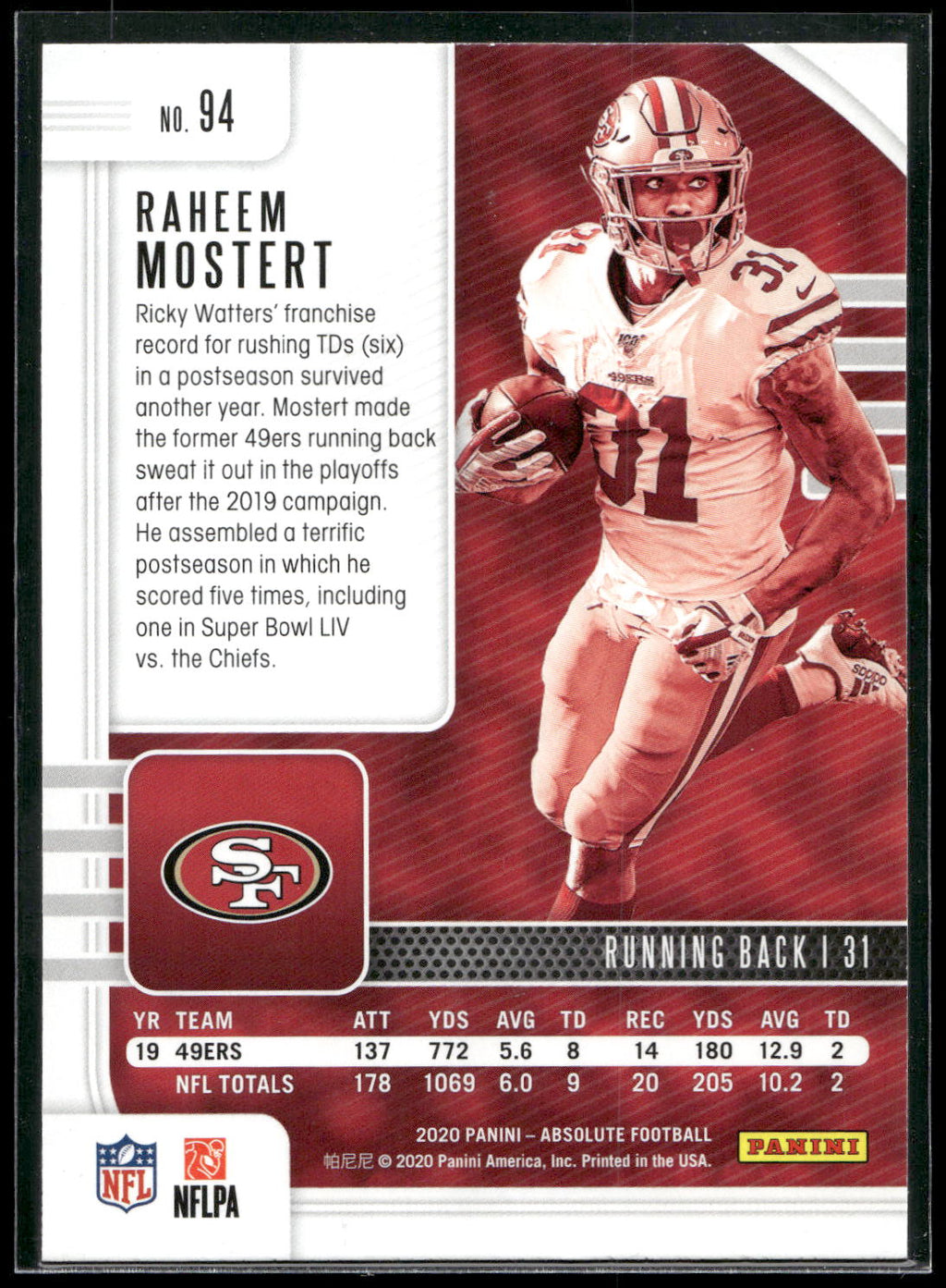 2020 Panini Absolute #94 Raheem Mostert Green