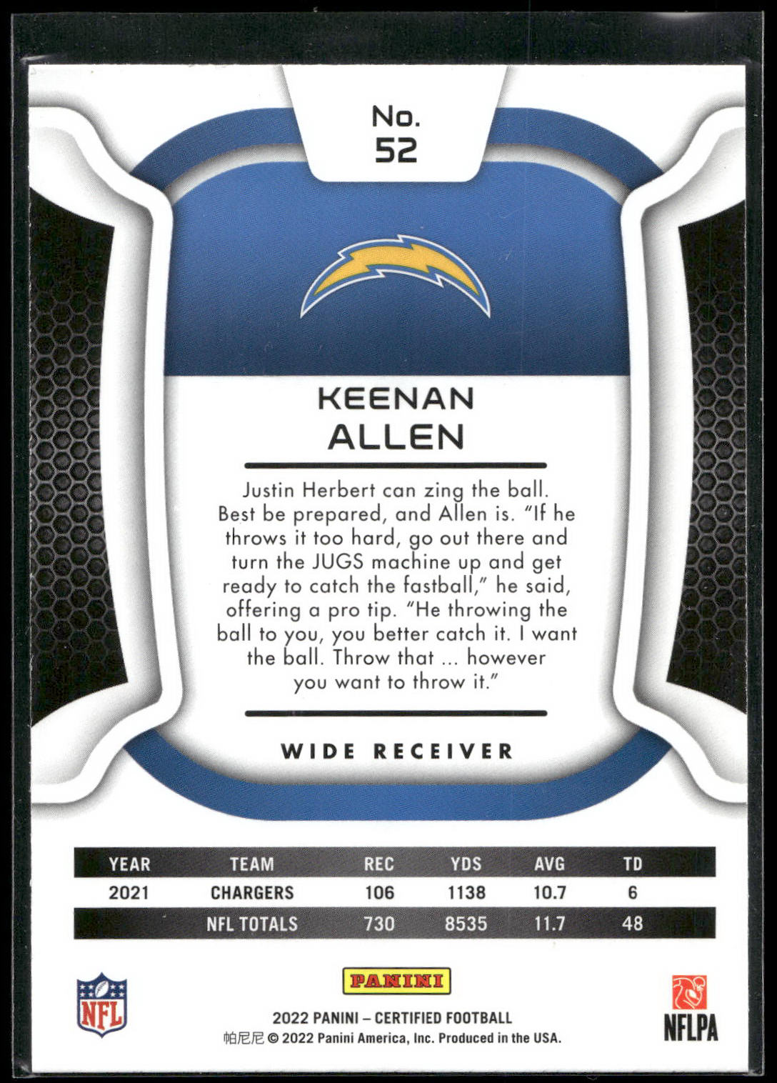 2022 Panini Certified #52 Keenan Allen