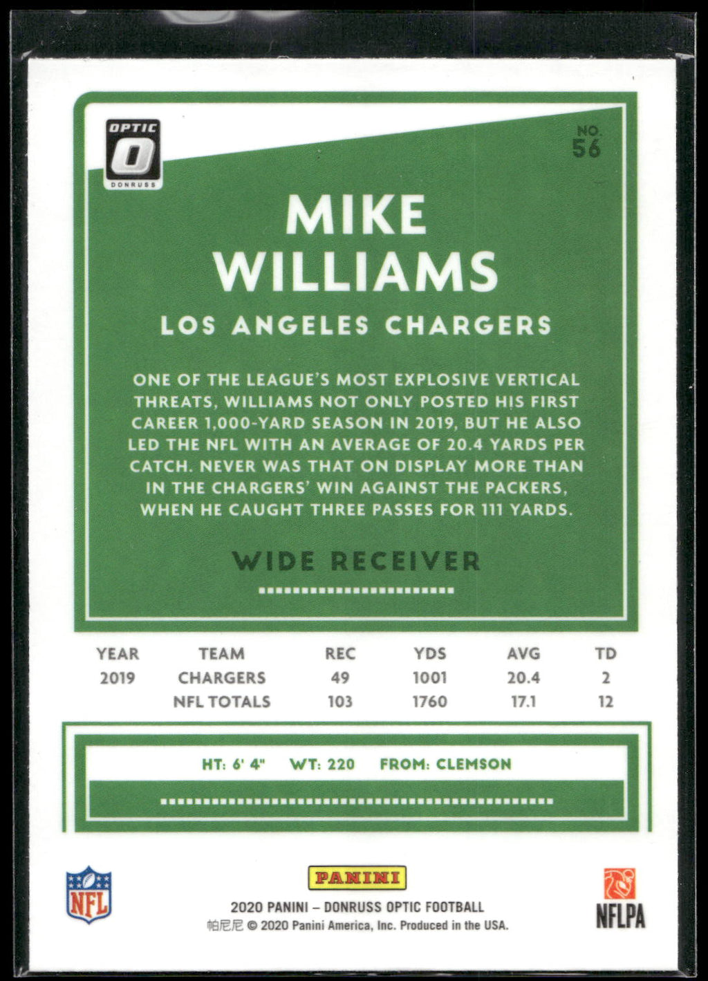 2020 Donruss Optic #56 Mike Williams