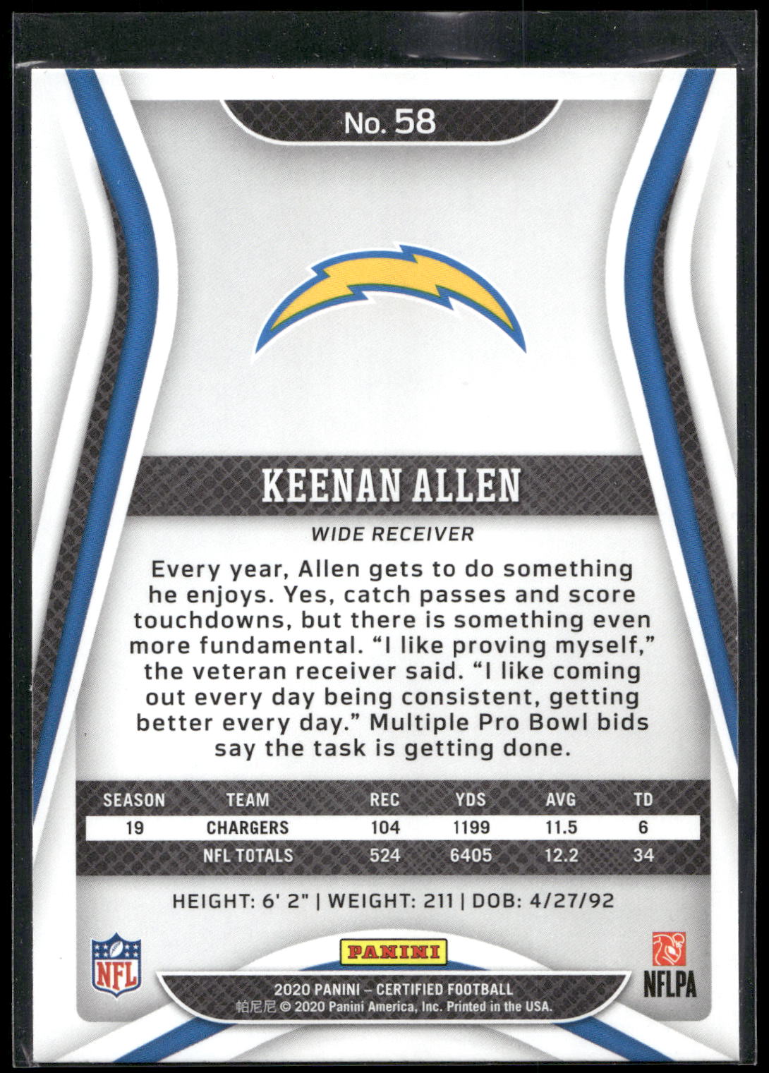 2020 Panini Certified #58 Keenan Allen