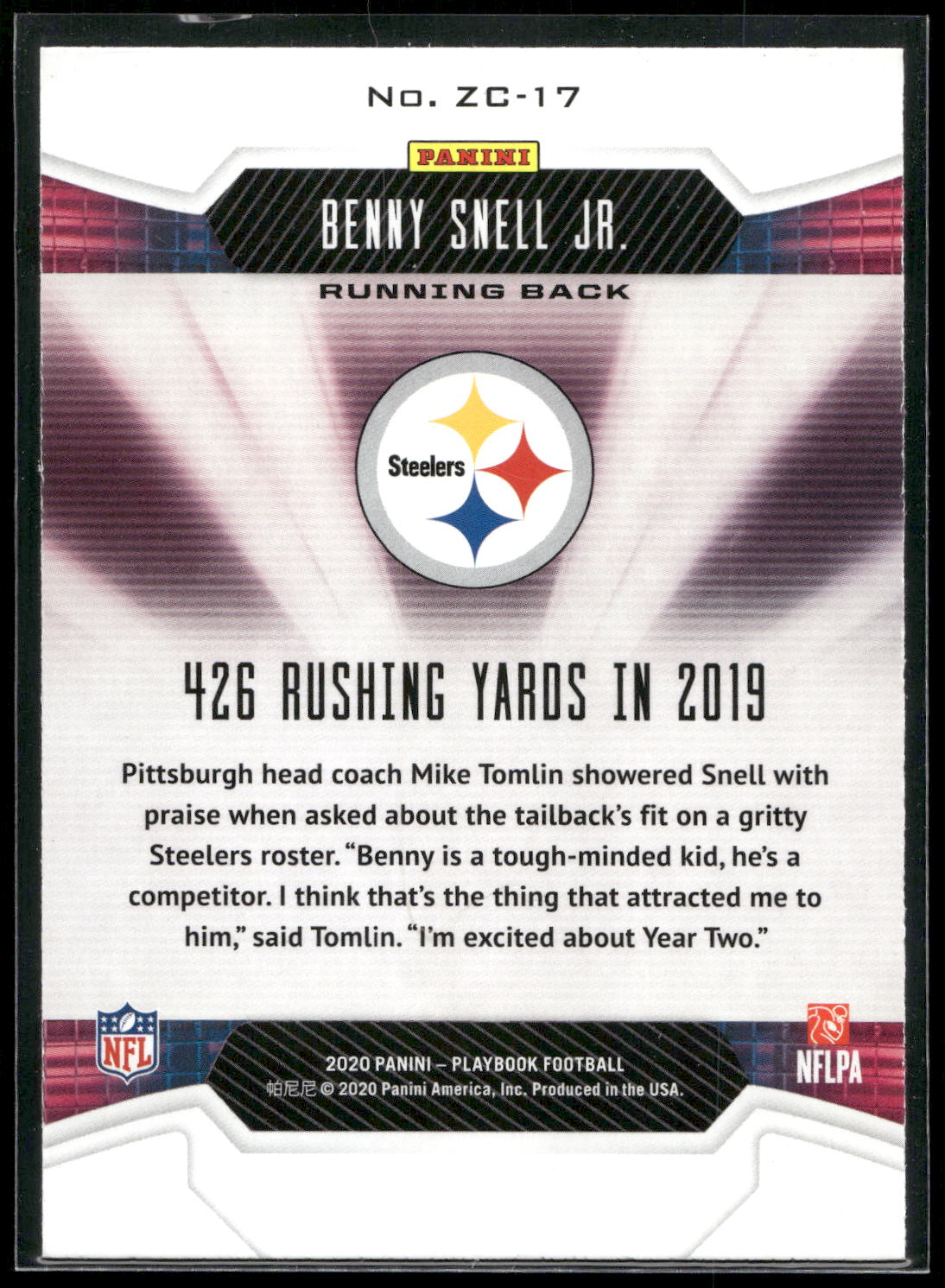 2020 Panini Playbook #ZC-17 Benny Snell Jr. Zoning Commission