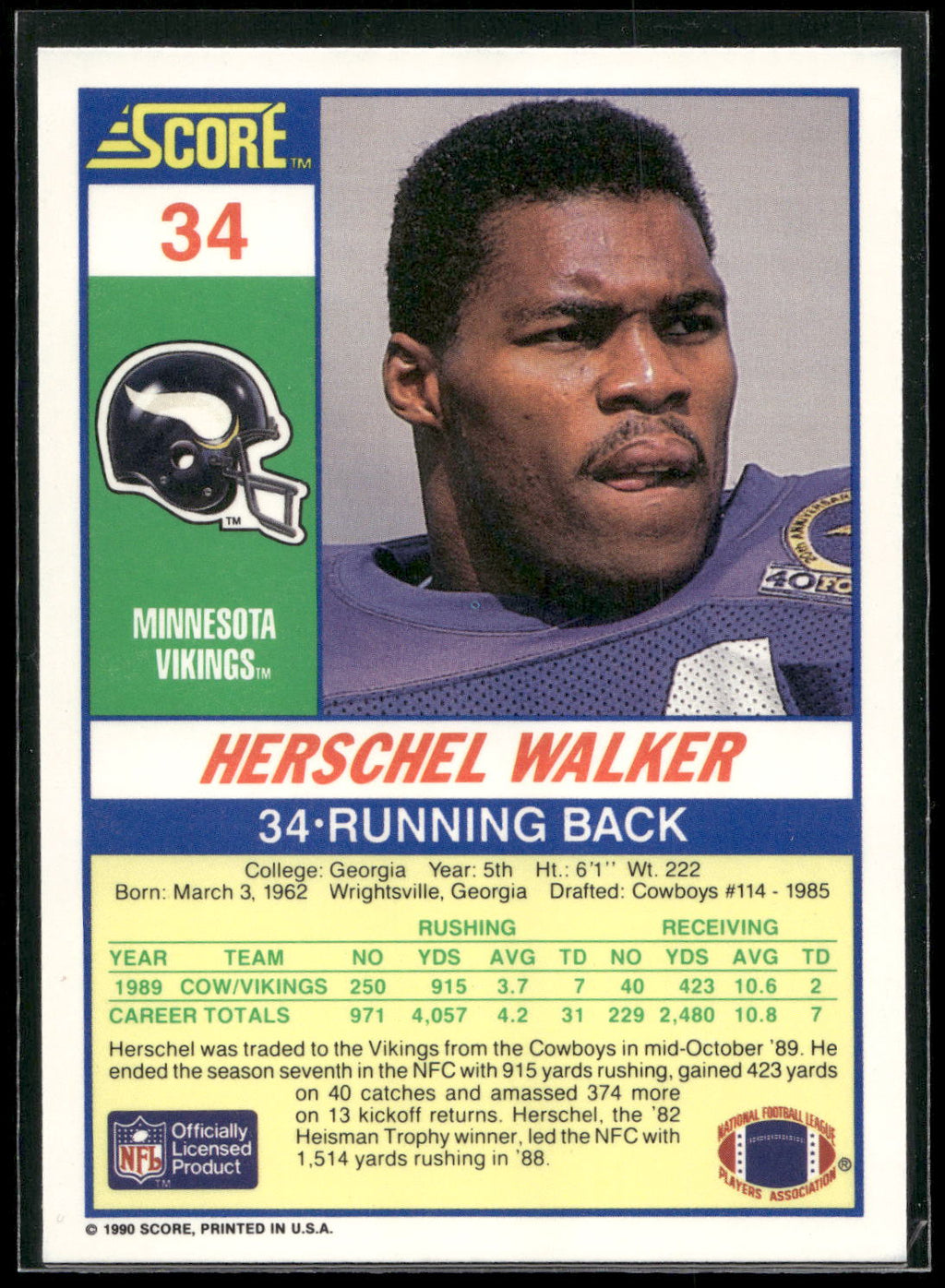 1990 Score #34 Herschel Walker