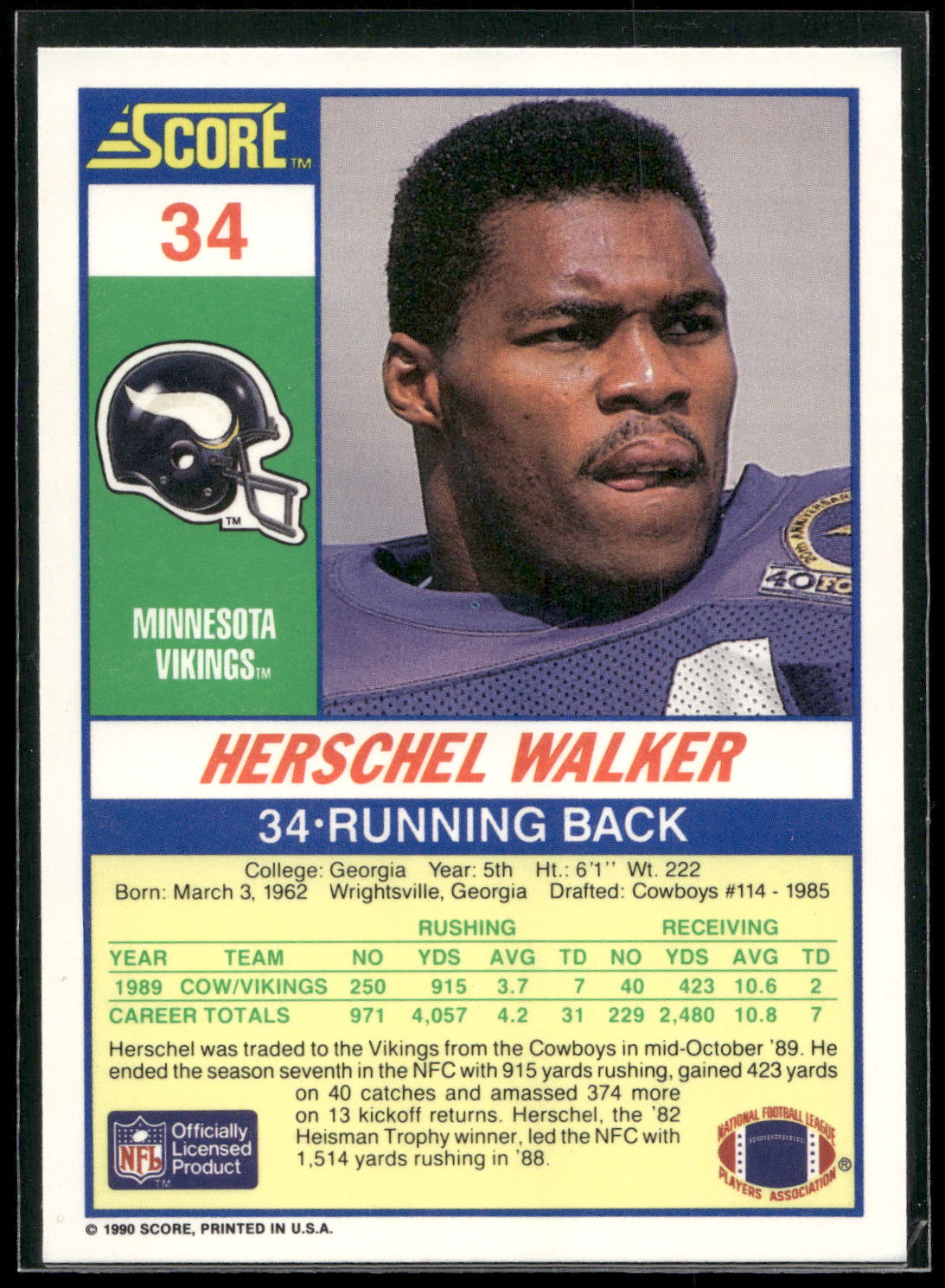 1990 Score #34 Herschel Walker