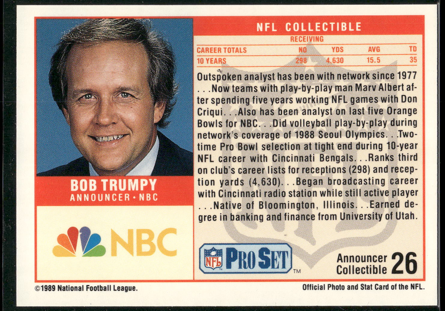 1989 Pro Set #26 Bob Trumpy Announcer Collectibles