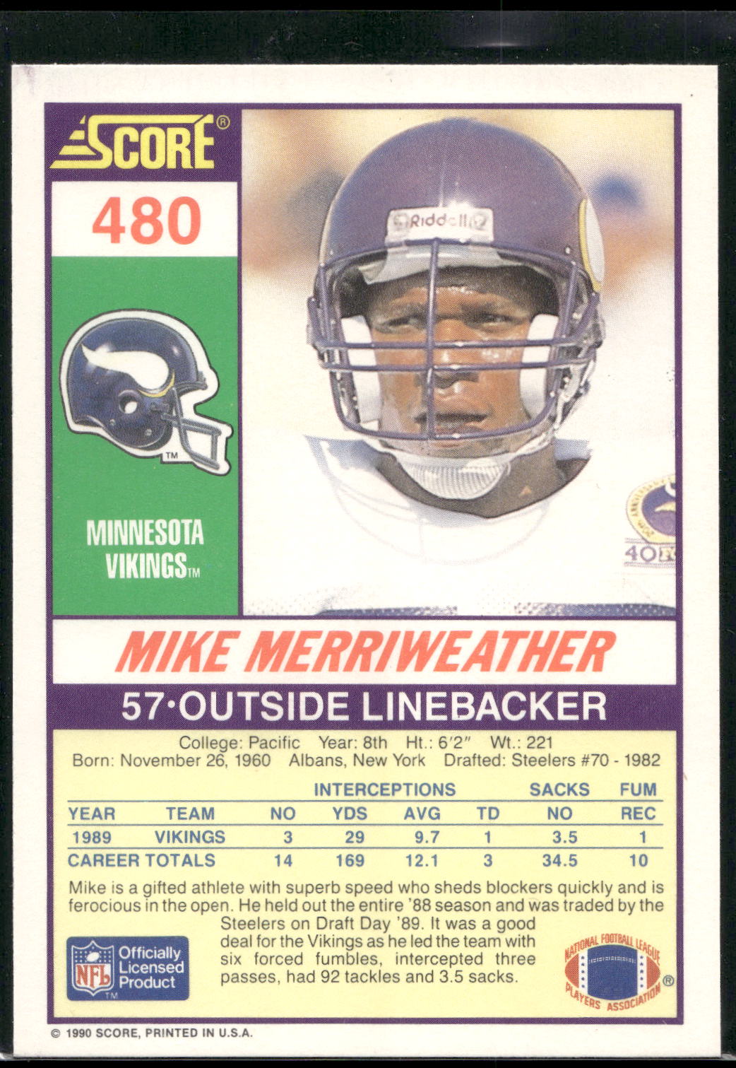 1990 Score #480 Mike Merriweather