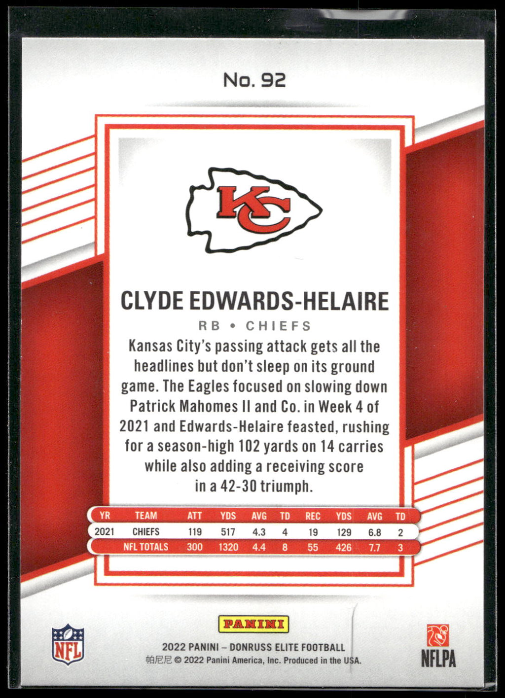 2022 Donruss Elite #92 Clyde Edwards-Helaire
