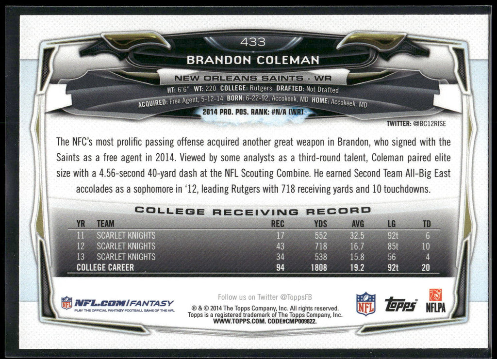 2014 Topps #433 Brandon Coleman