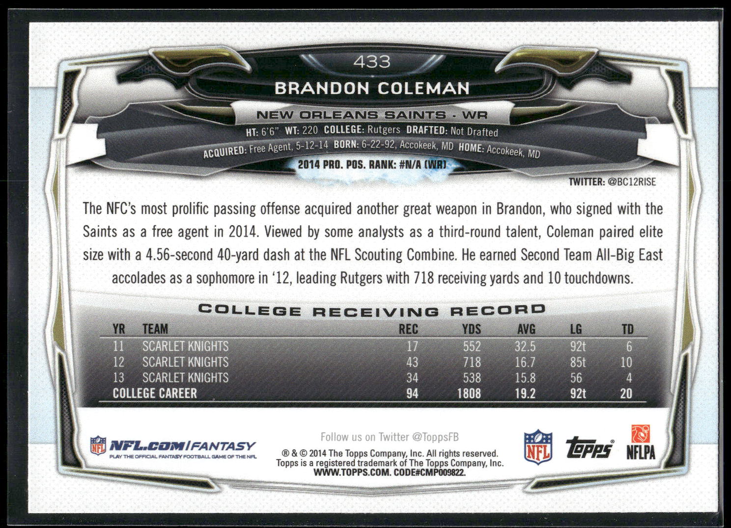 2014 Topps #433 Brandon Coleman