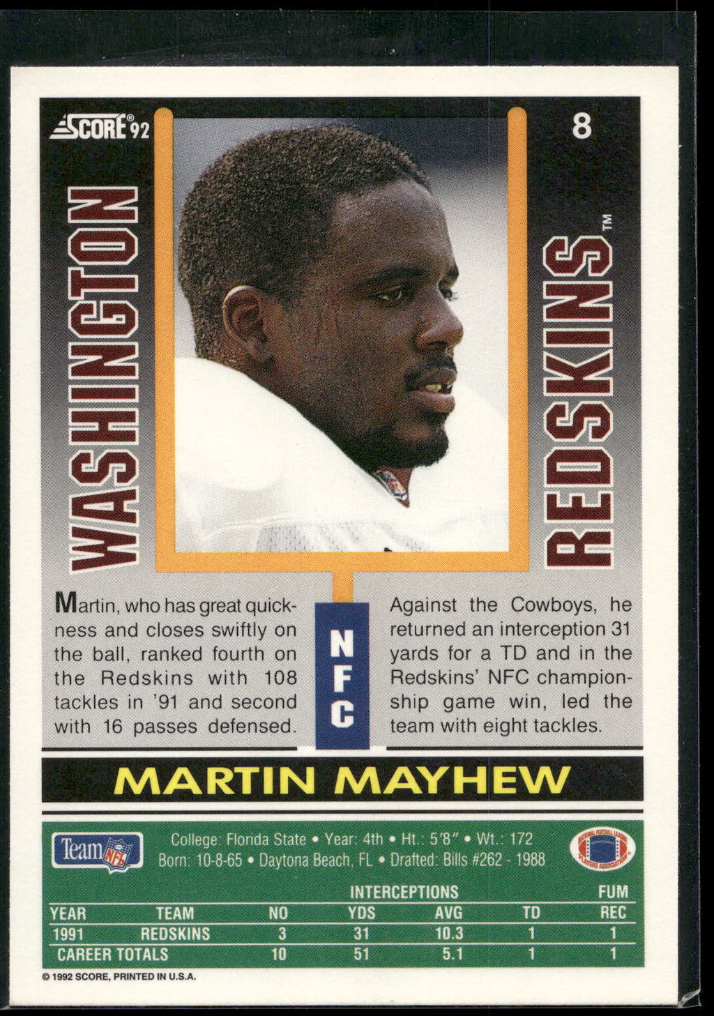 1992 Score #8 Martin Mayhew