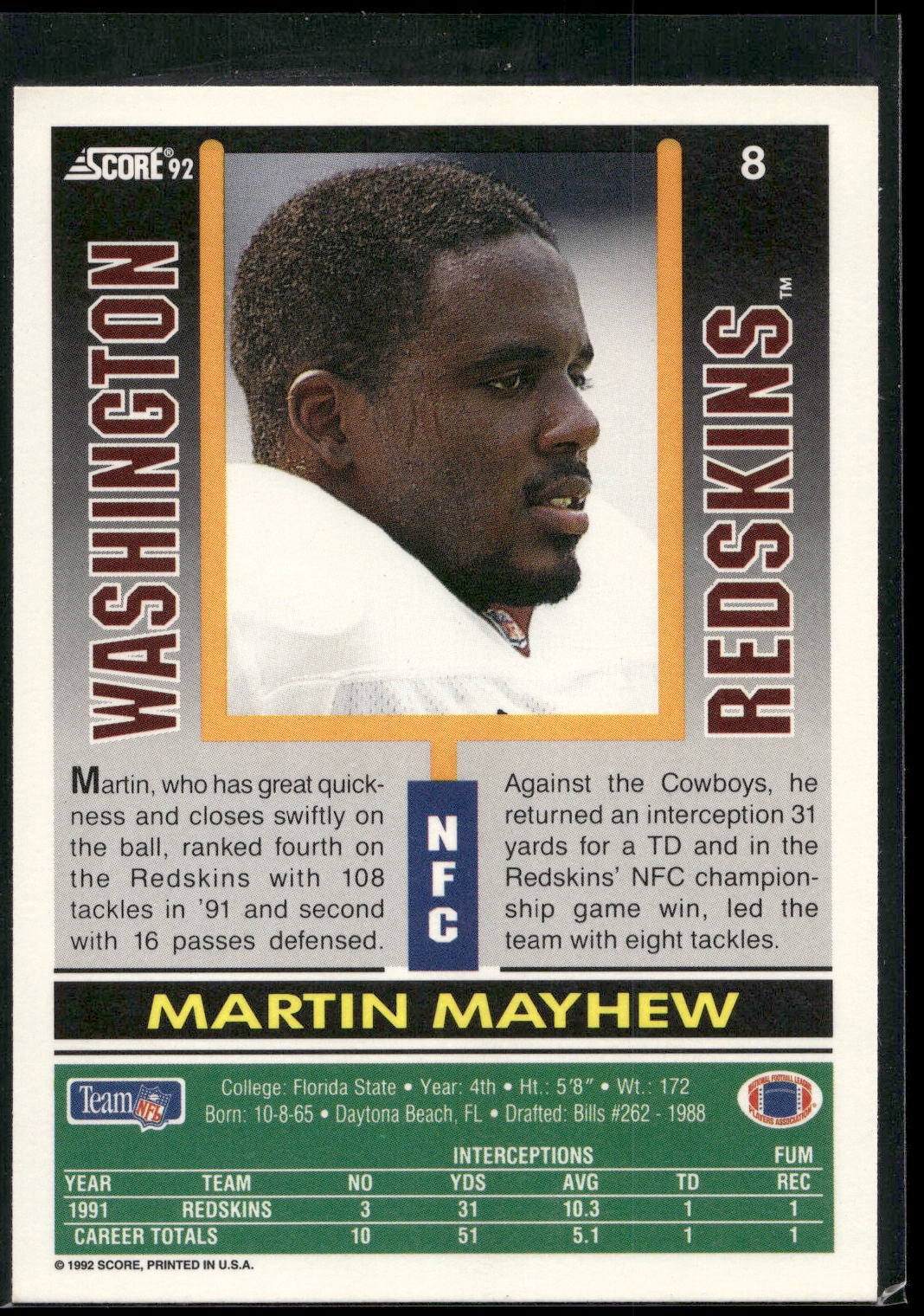 1992 Score #8 Martin Mayhew