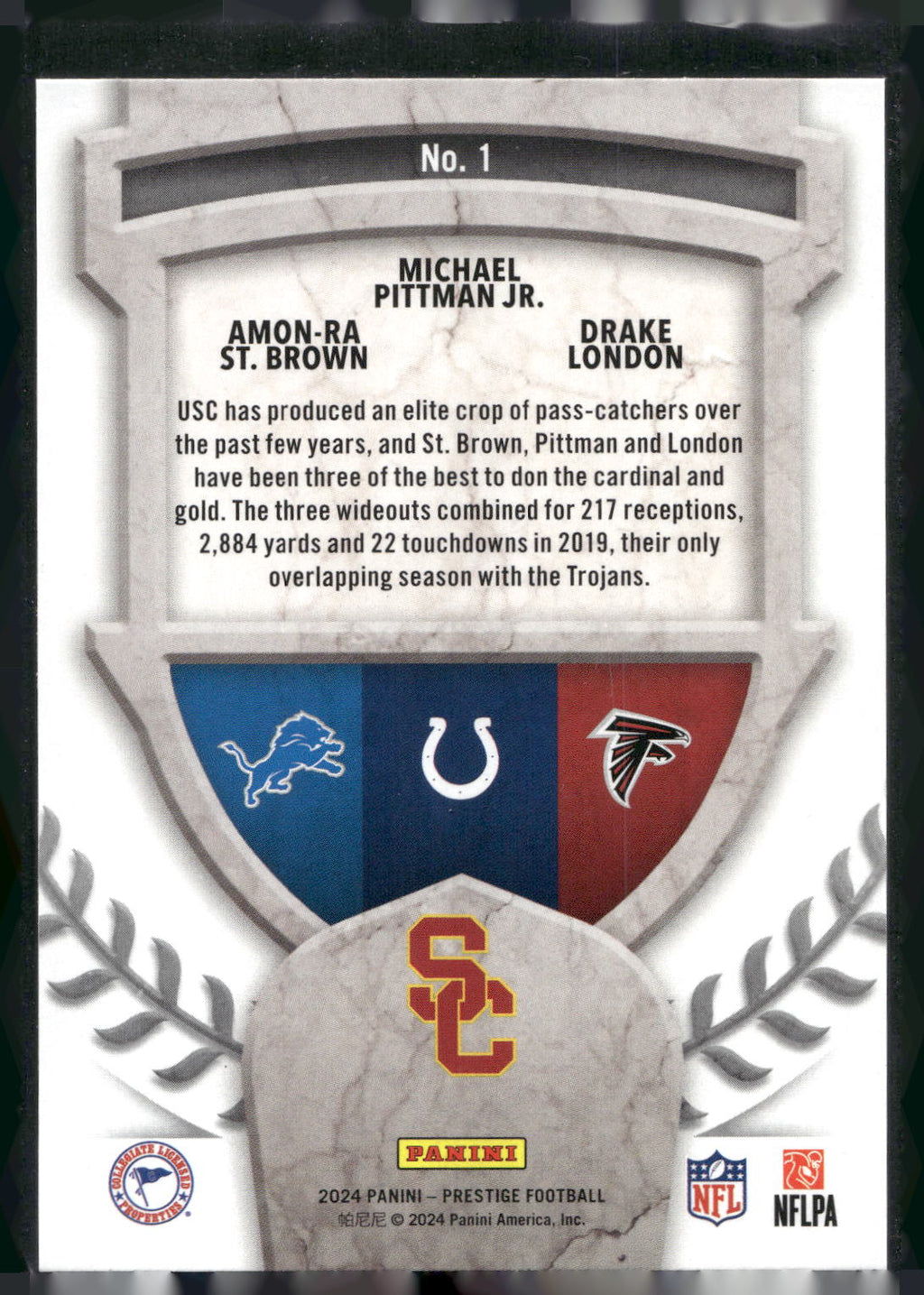 2024 Panini Prestige #1 Amon-Ra St. Brown / Michael Pittman Jr. / Drake Maters