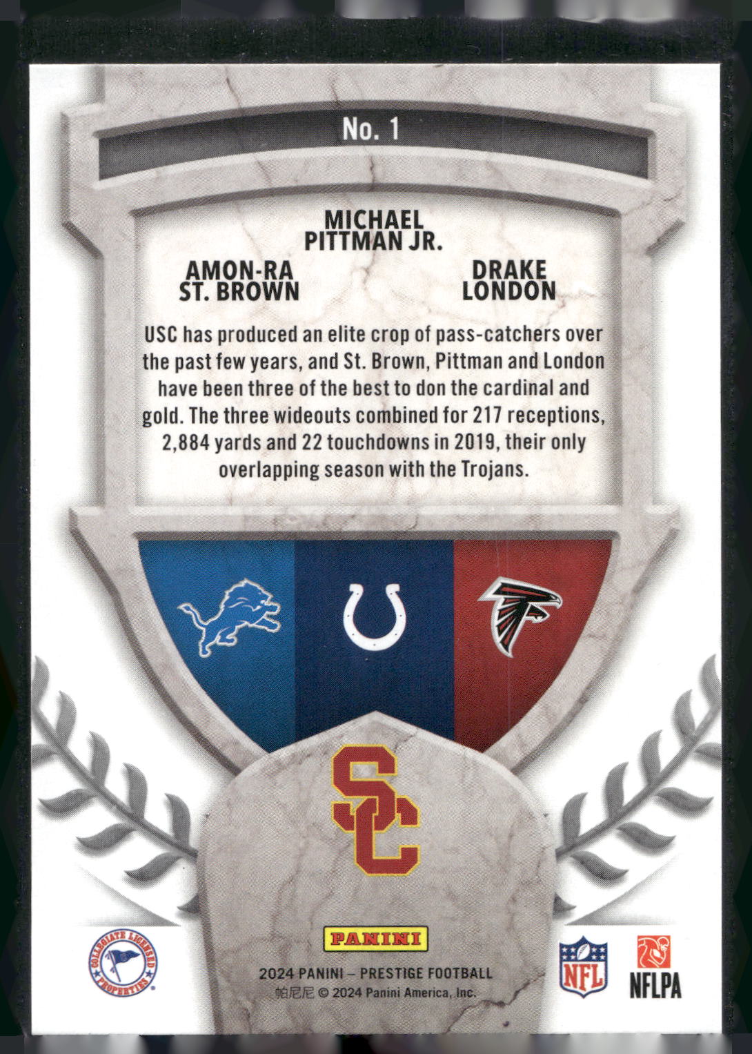 2024 Panini Prestige #1 Amon-Ra St. Brown / Michael Pittman Jr. / Drake Maters