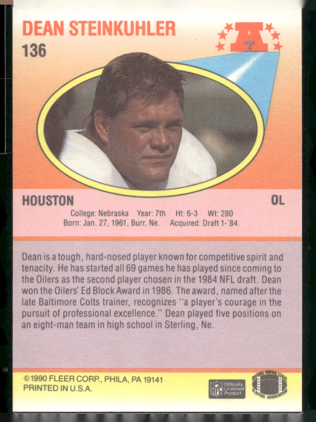 1990 Fleer #136 Dean Steinkuhler