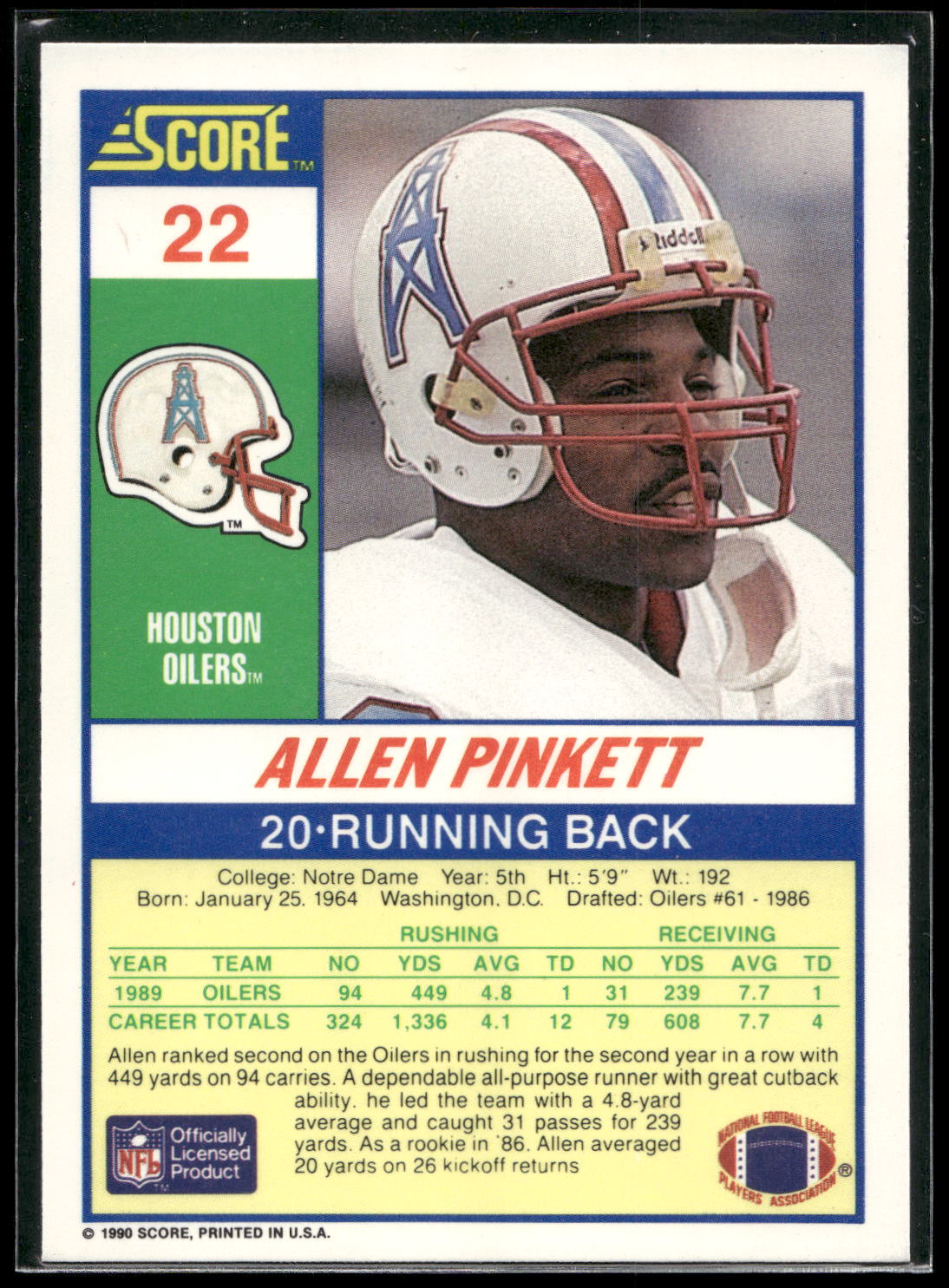 1990 Score #22 Allen Pinkett