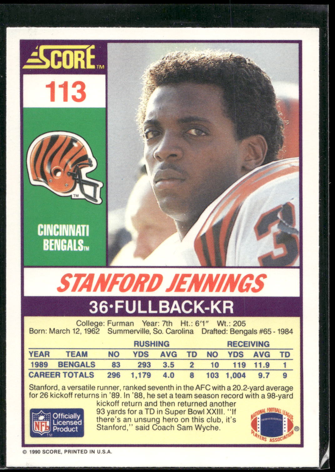 1990 Score #113 Stanford Jennings