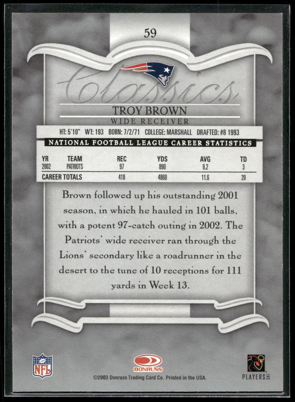 2003 Donruss Classics #59 Troy Brown