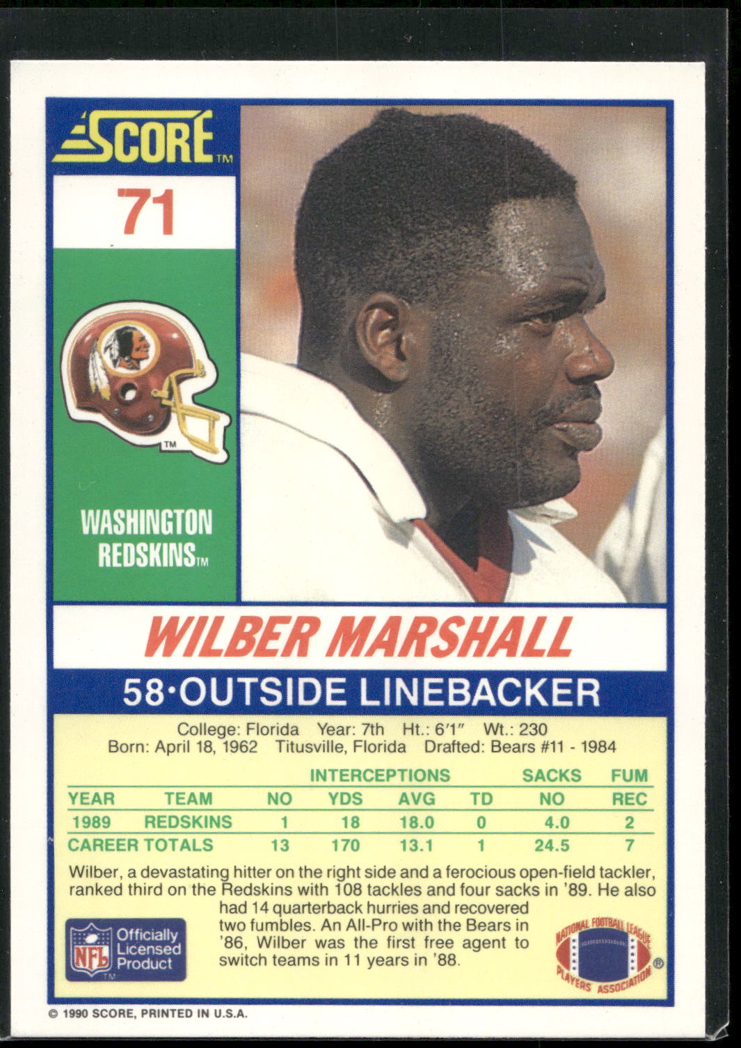 1990 Score #71 Wilber Marshall
