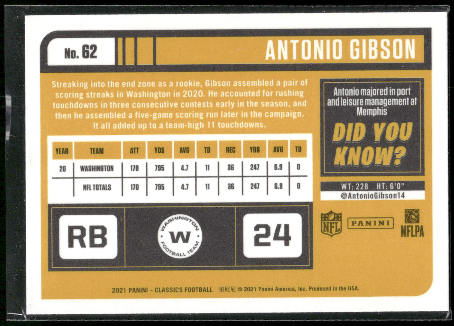 2021 Panini Classics #62 Antonio Gibson