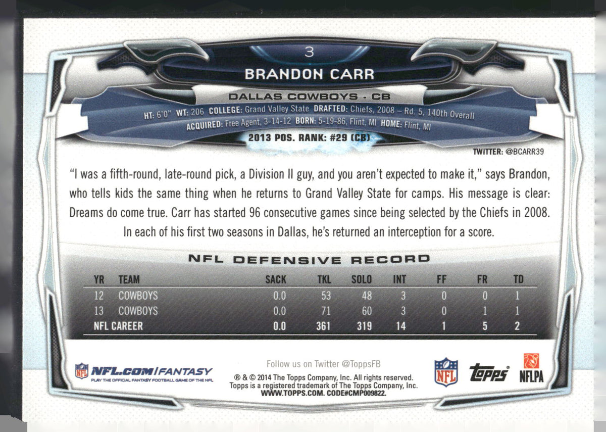 2014 Topps #3 Brandon Carr