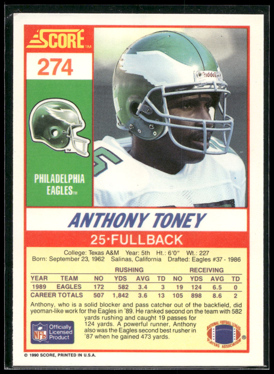 1990 Score #274 Anthony Toney