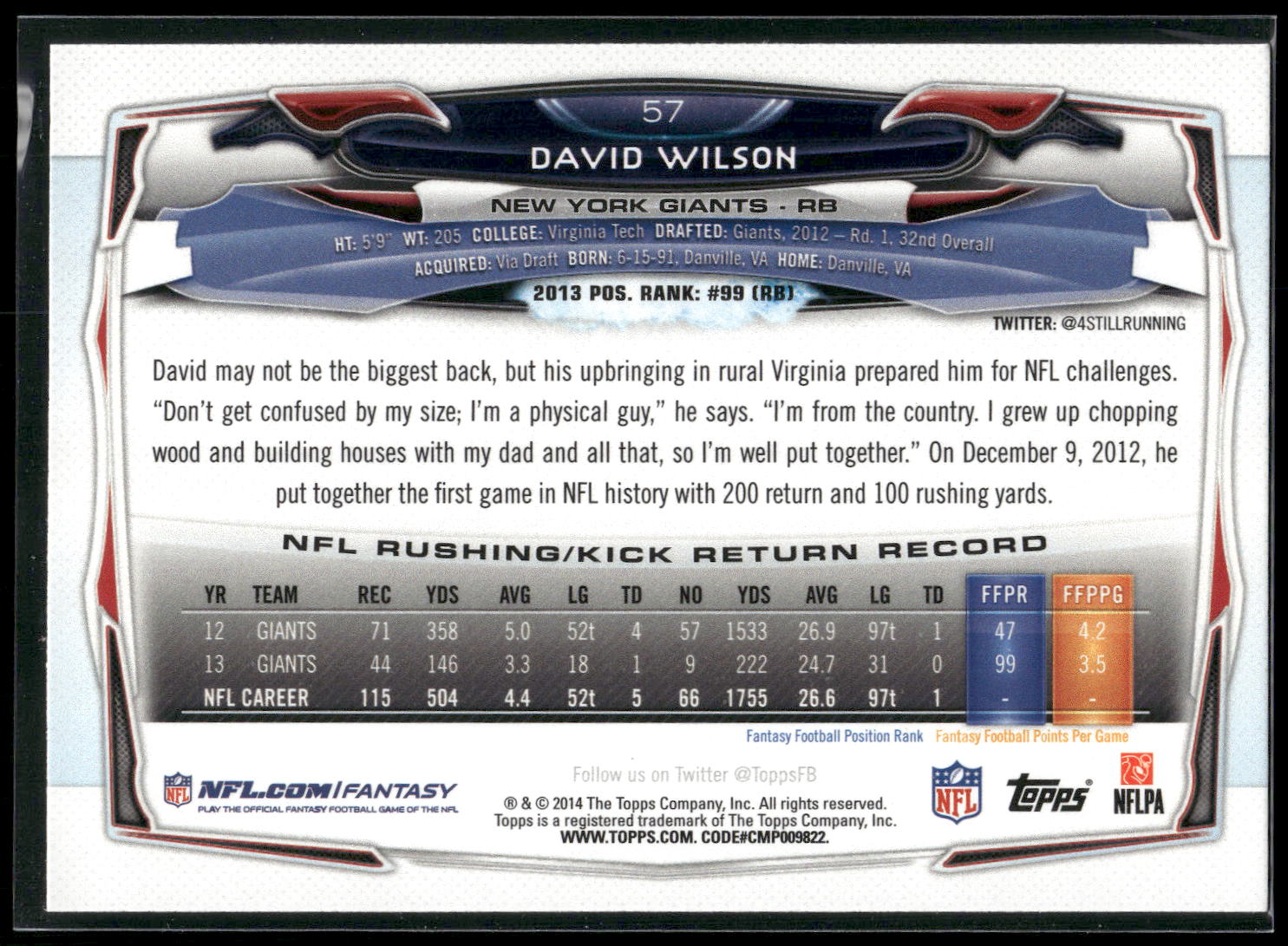 2014 Topps #57 David Wilson