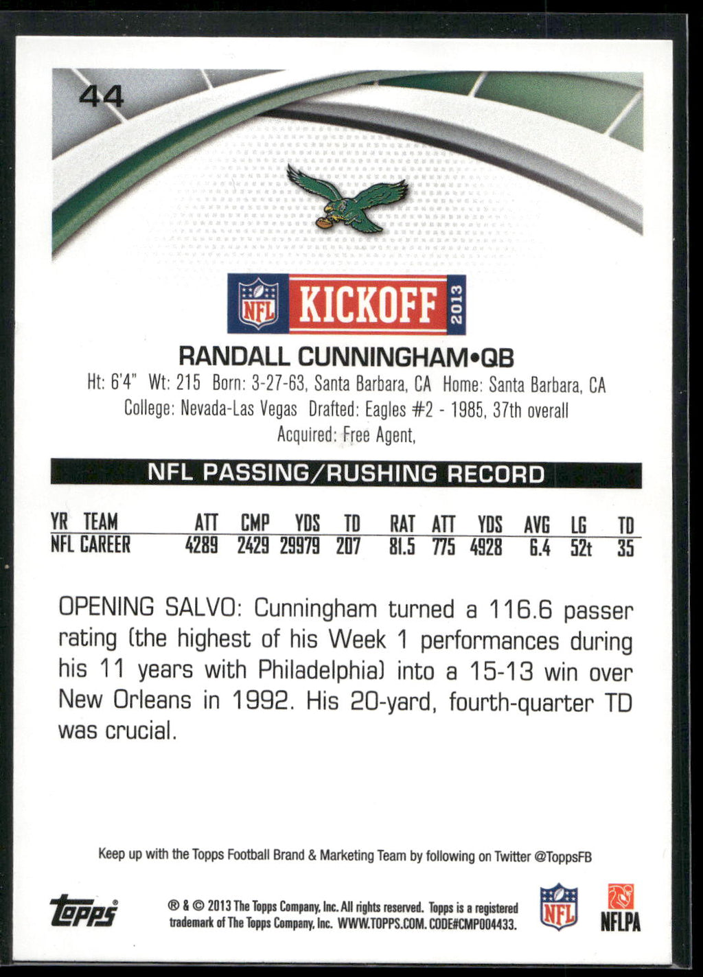 2013 Topps Kickoff #44 Randall Cunningham