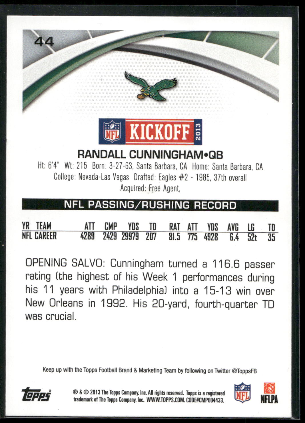 2013 Topps Kickoff #44 Randall Cunningham