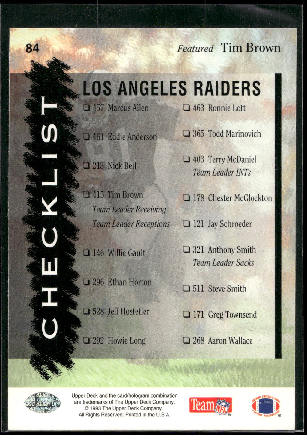 1993 Upper Deck #84 Raiders Checklist