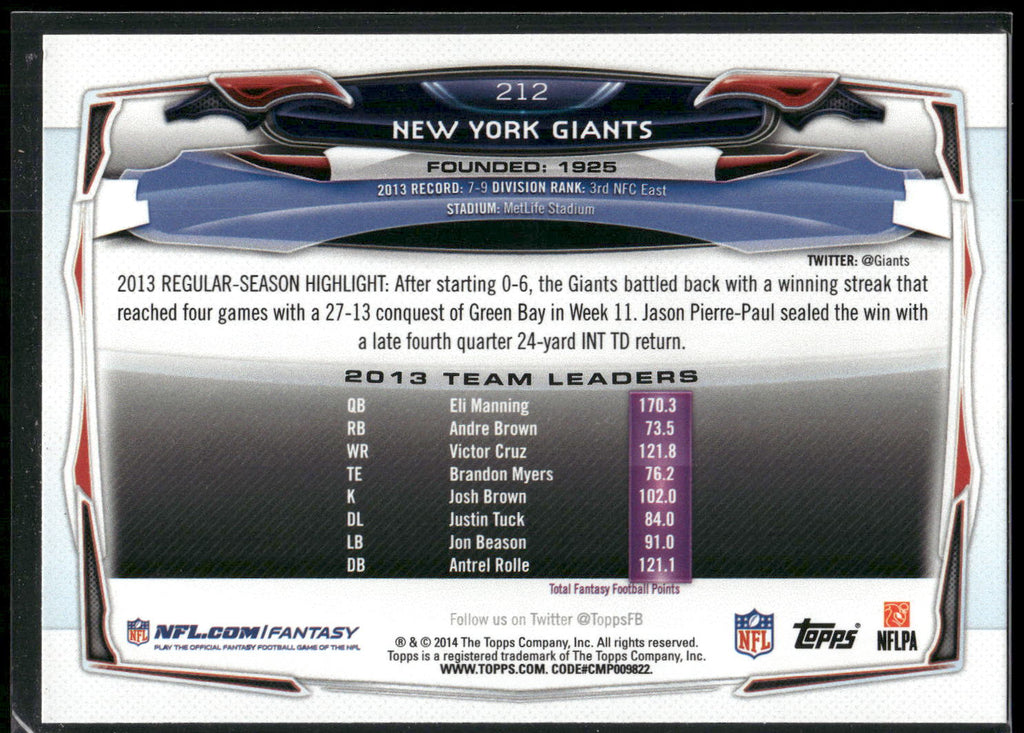 2014 Topps #212 New York Giants