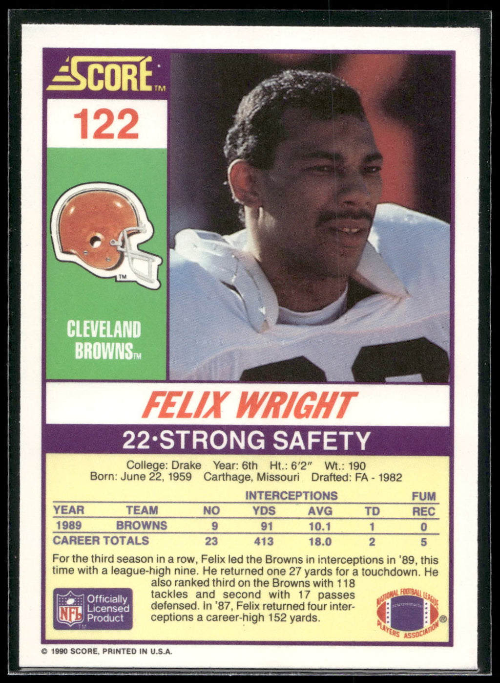 1990 Score #122 Felix Wright