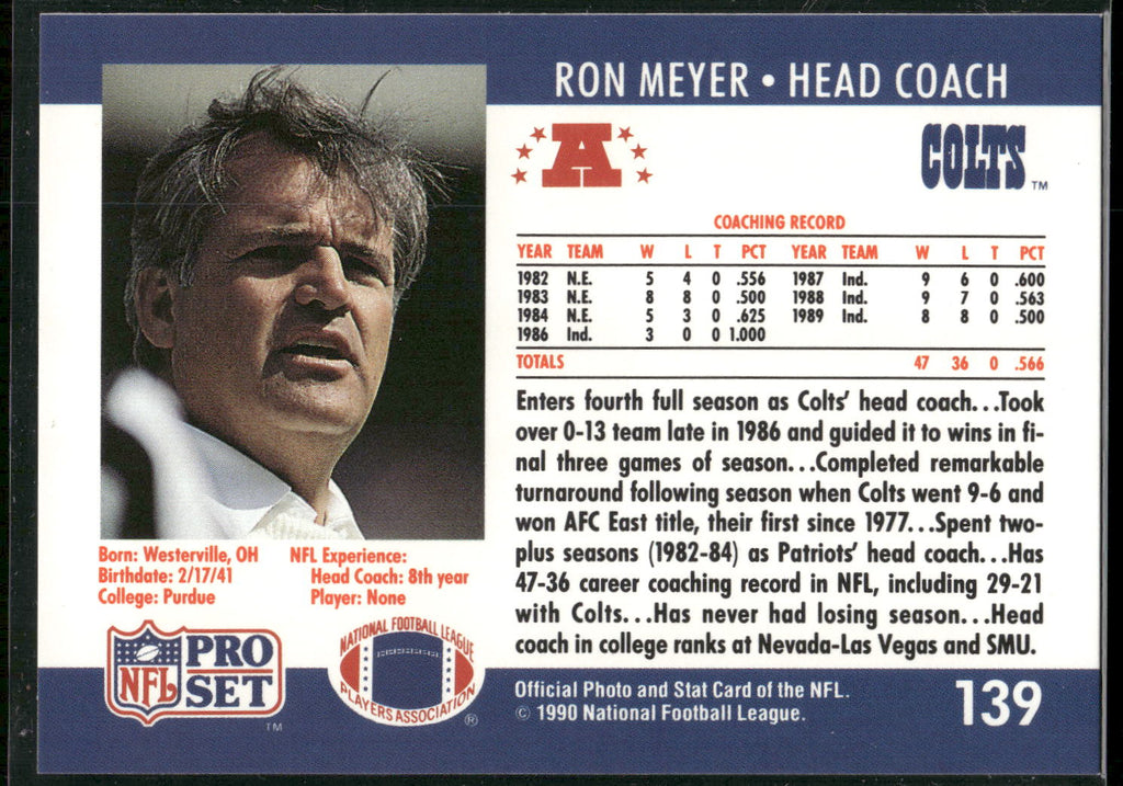 1990 Pro Set #139 Ron Meyer