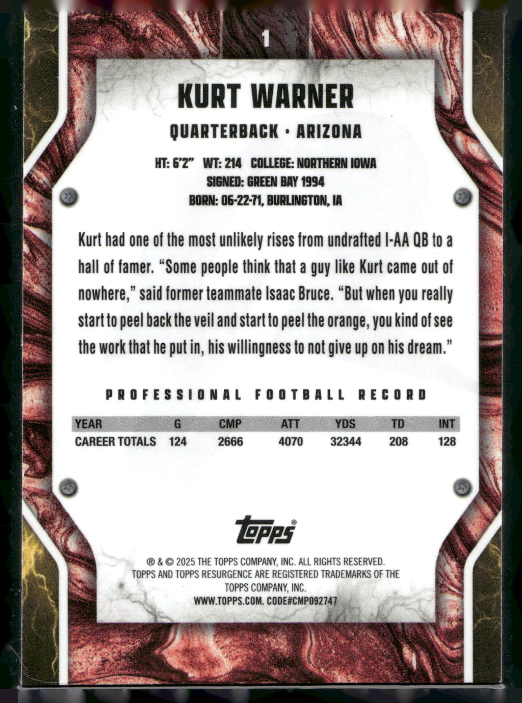 2024 Topps Resurgence #1 Kurt Warner Sky Blue & Pink Shock