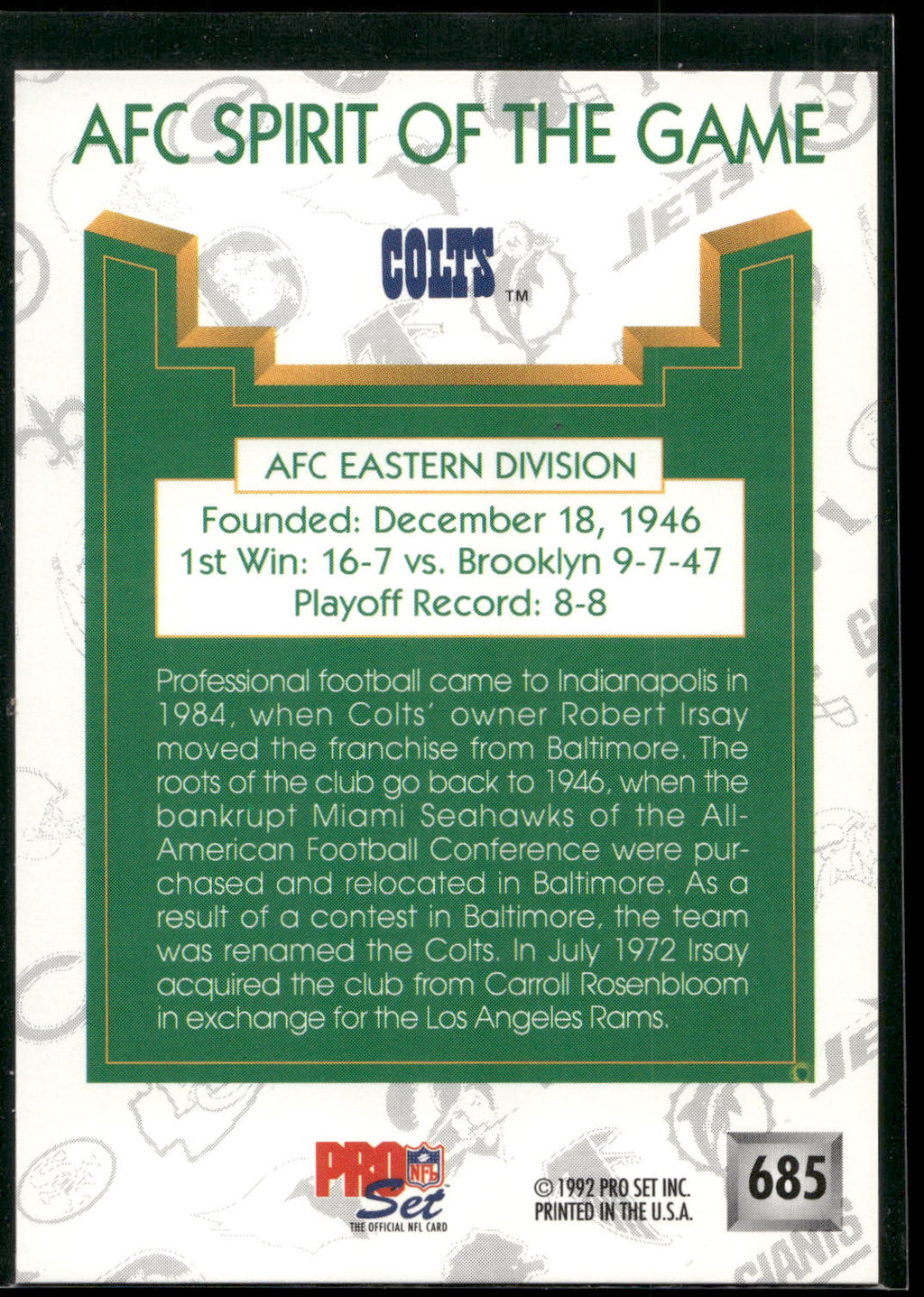 1992 Pro Set #685 Indianapolis Colts SOTG