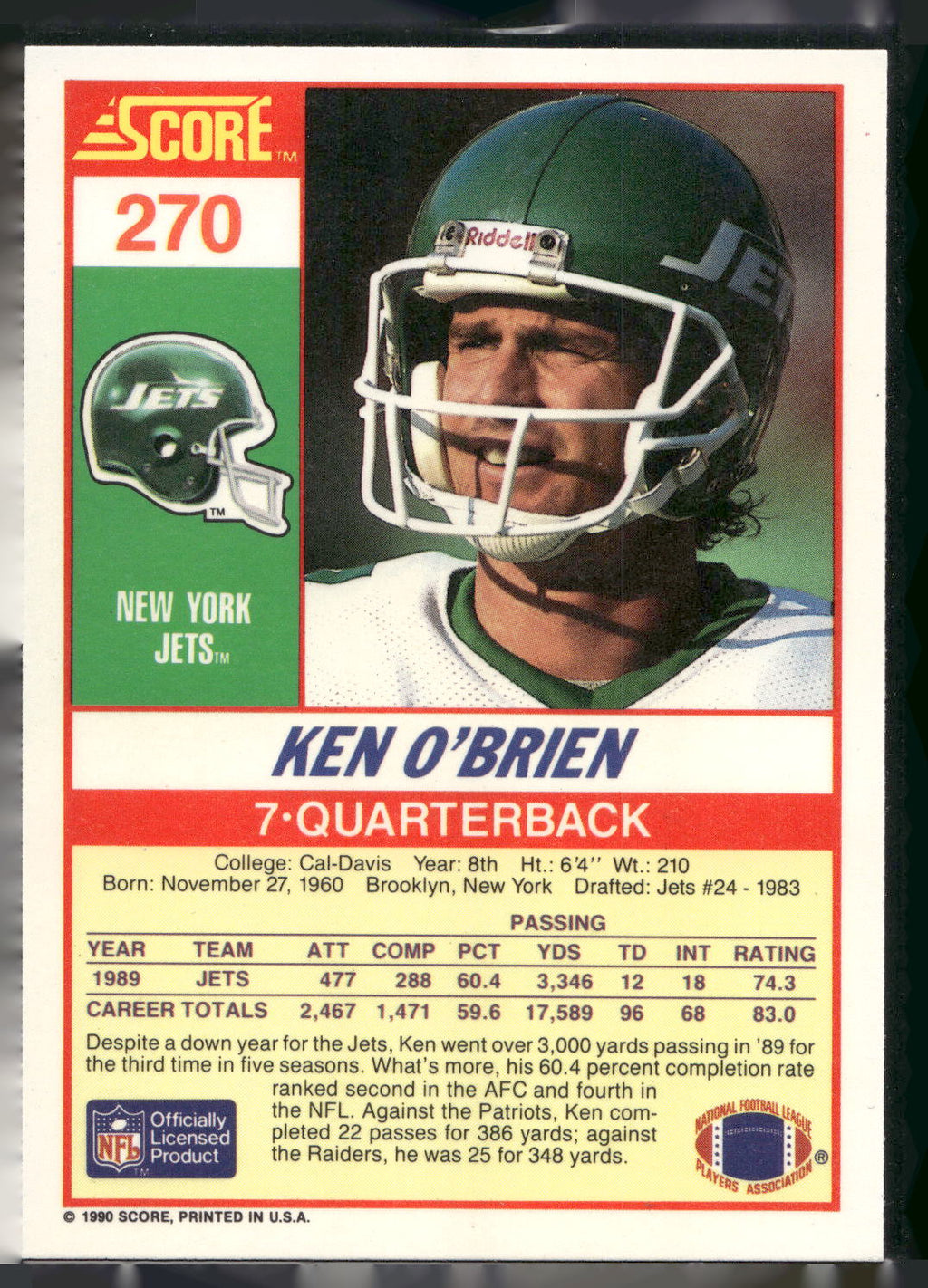 1990 Score #270 Ken O'Brien