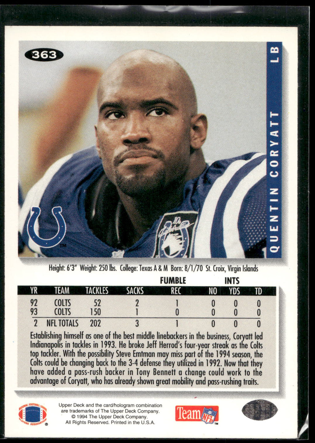 1994 Collector's Choice #363 Quentin Coryatt