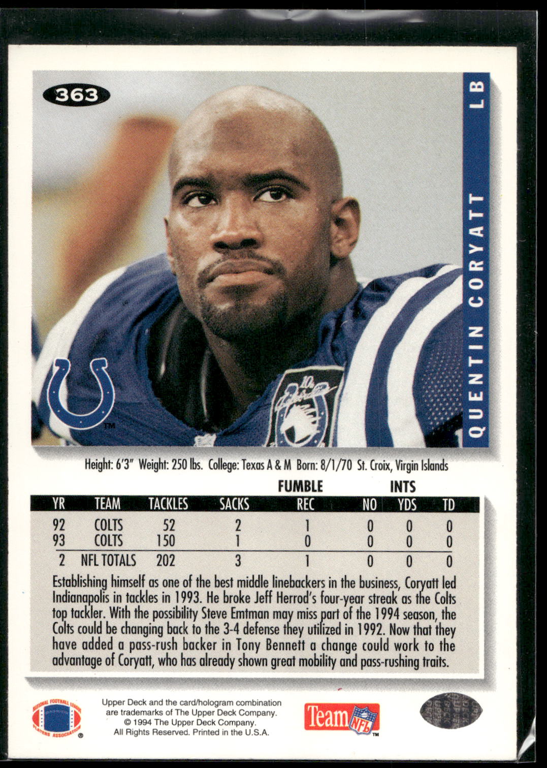 1994 Collector's Choice #363 Quentin Coryatt