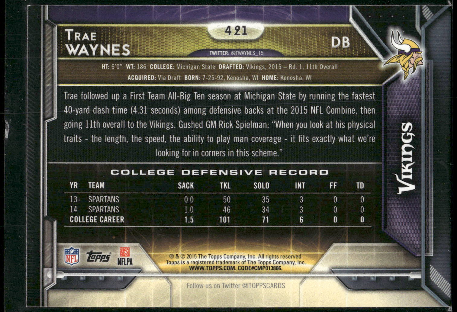 2015 Topps #421 Trae Waynes