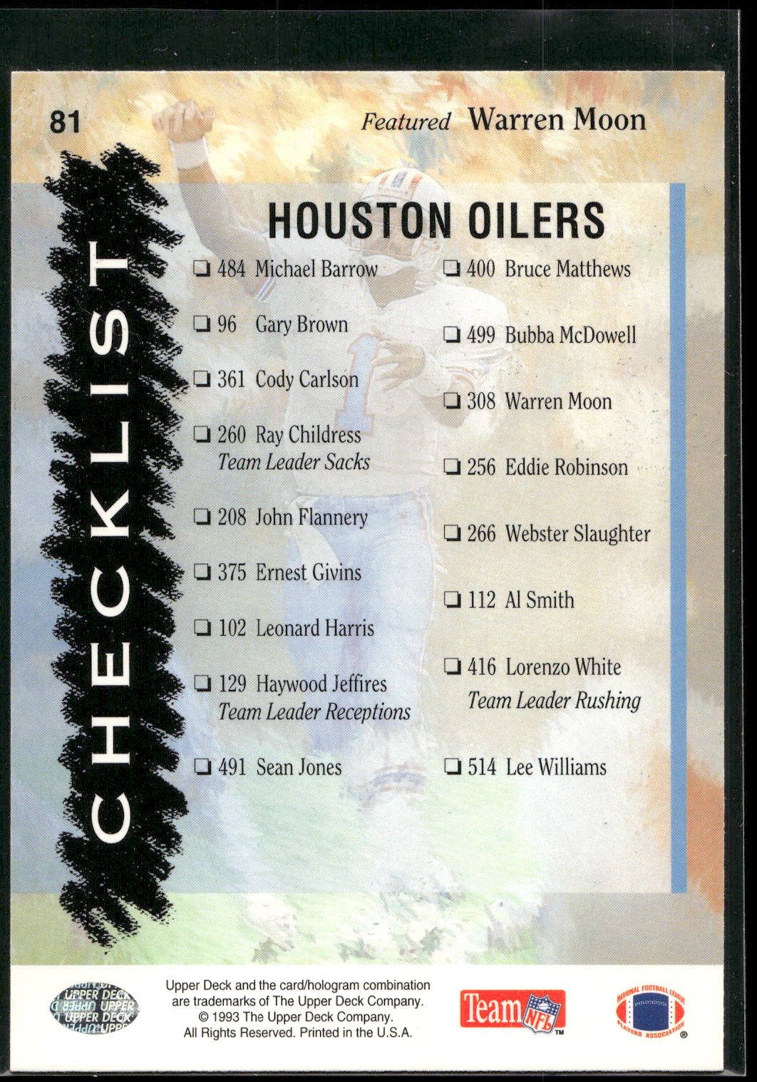 1993 Upper Deck #81 Oilers Checklist