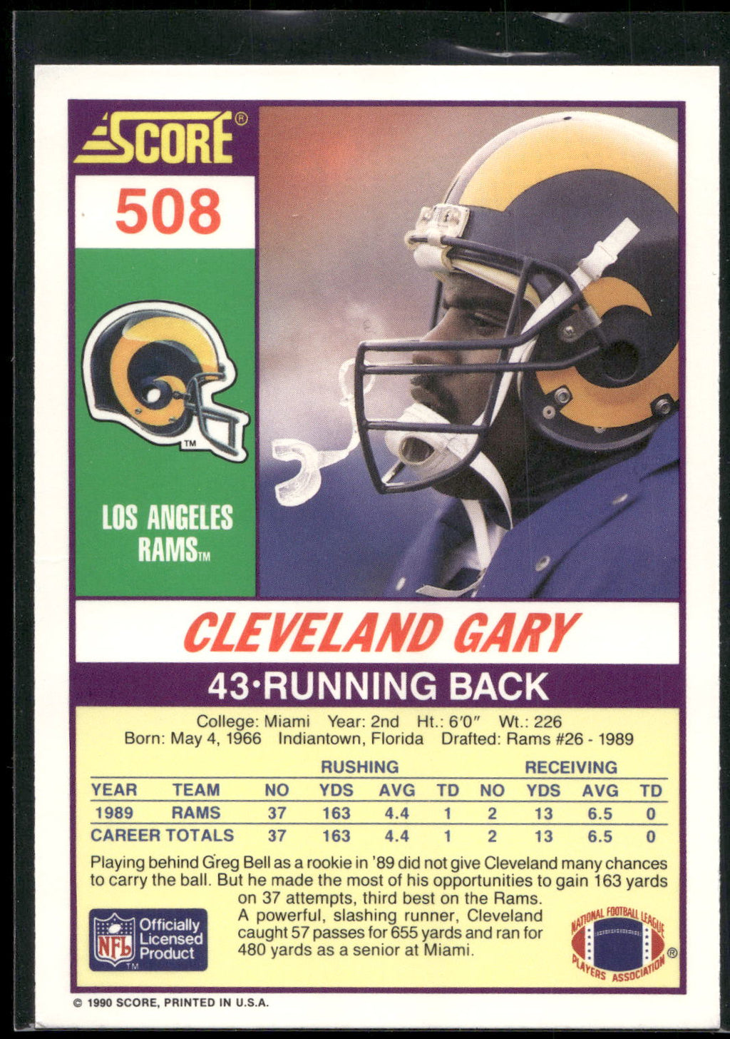 1990 Score #508 Cleveland Gary