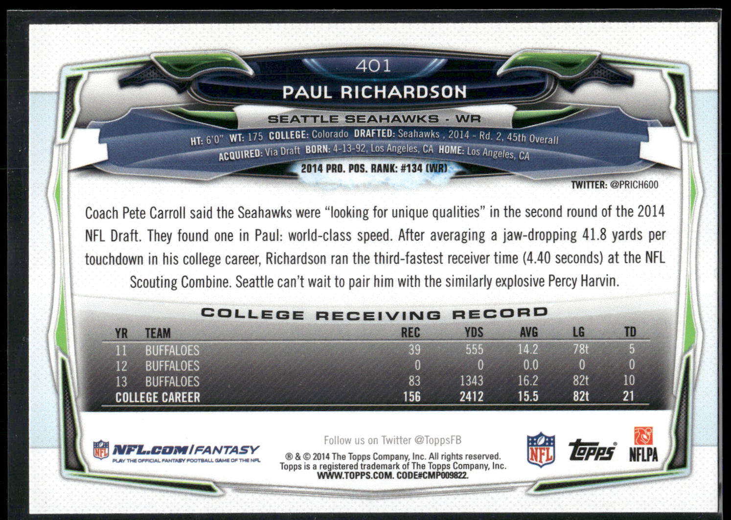 2014 Topps #401 Paul Richardson